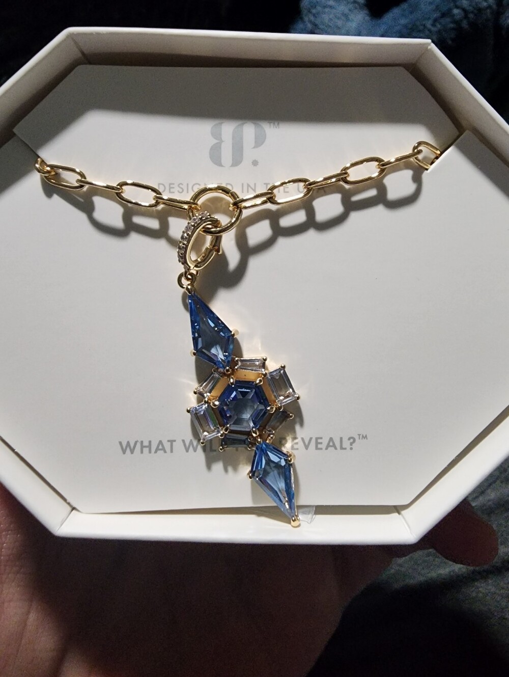 Blue Crystal Pendant Necklace - Gold Chain